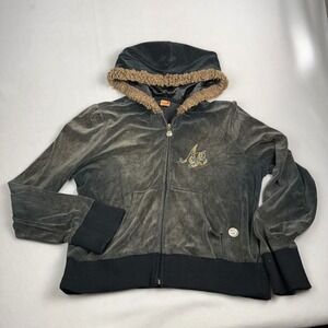 Apple Bottoms Vintage Y2K Velour Zip Up Hoodie Gray Rhinestone Faux Fur XXL